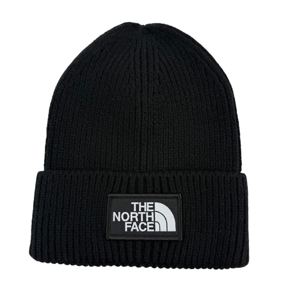 The North Face Salty Dog Beanie Black Ribbed Knit Logo Patch Hat NF0A3FJX OS